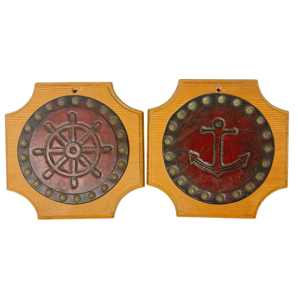 Vintage 70s Nautical Wood Trivets Anchor Ship Wheel Wall Hanging Set